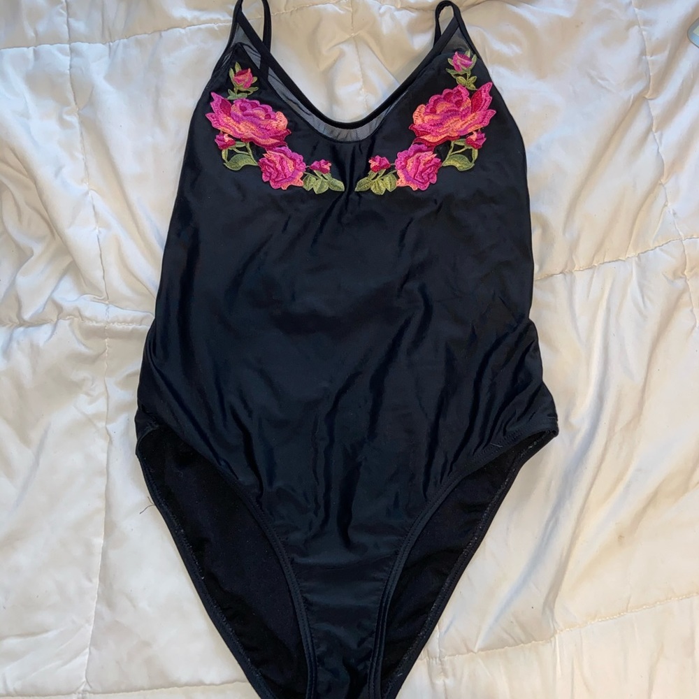 Black Floral One Piece Bathing Suit